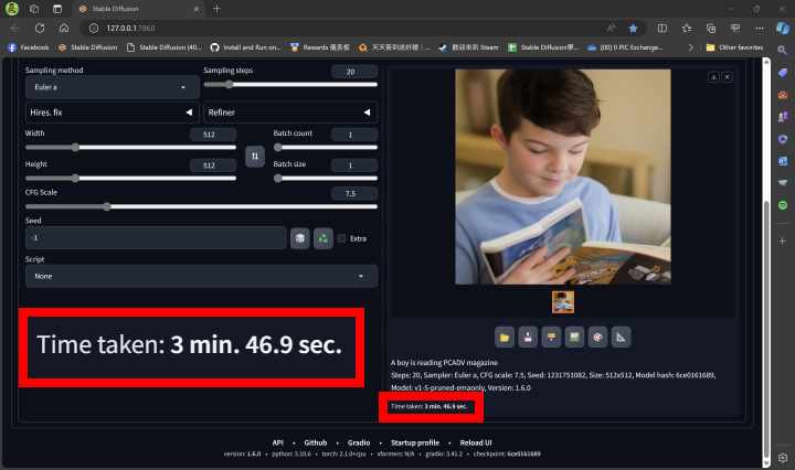 使用Stable Diffusion WebUI 1.6版进行AI图像生成测试。 仅用处理器算图的情况下，512 x 512分辨率、迭代20步所需时间约为3分46.9秒（226.9秒）。
