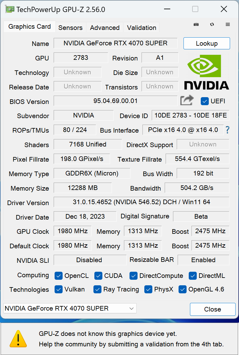 GeForce RTX 4070 Super于GPU-Z显示的信息。 部分数据尚无法判读。