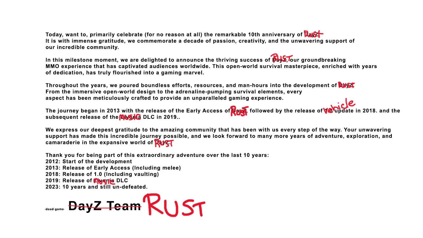 《DayZ》&《Rust》官方嘲讽《The Day Before》：庆祝十周年纪念噜！