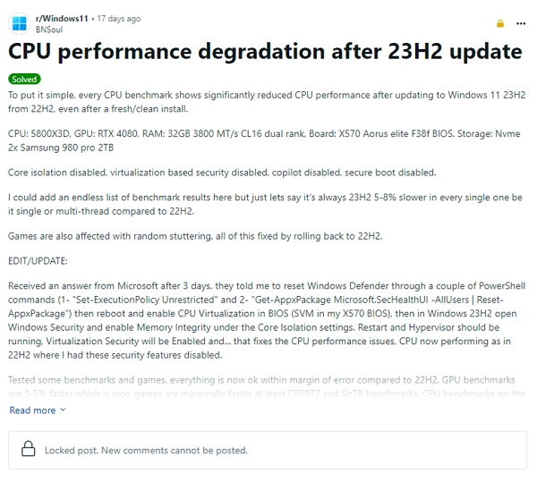 Windows 11 23H2更新后导致性能下降、游戏卡顿，官方论坛表示由Microsoft Defender引起