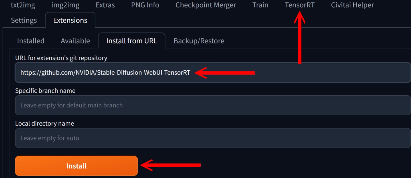插件的安装相当简单。 开启Stable Diffusion WebUI界面后，先至Extensions页面并选择Install from URL，在URL字段输入「https://github.com/NVIDIA/Stable-Diffusion-WebUI-TensorRT」，并按下Install即可。