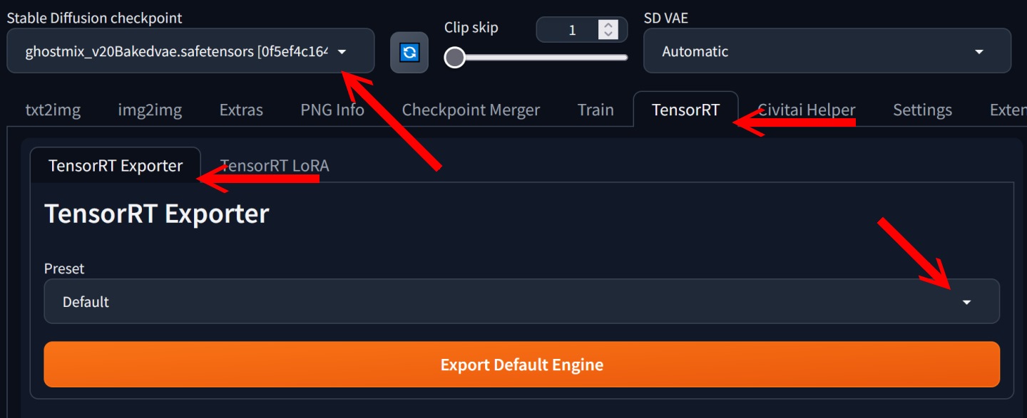 重新启动Stable Diffusion WebUI之后，进入TensorRT标签下的TensorRT Exporter标签，在左上角然后选择Stable Diffusion Checkpoint下拉式菜单选择要转换的模型，建议在Preset下拉式菜单选择「768x768 - 1024x1024 | Batch Size 1-4 （Dynamic）」，并点击Advanced Settings展开高级设置。