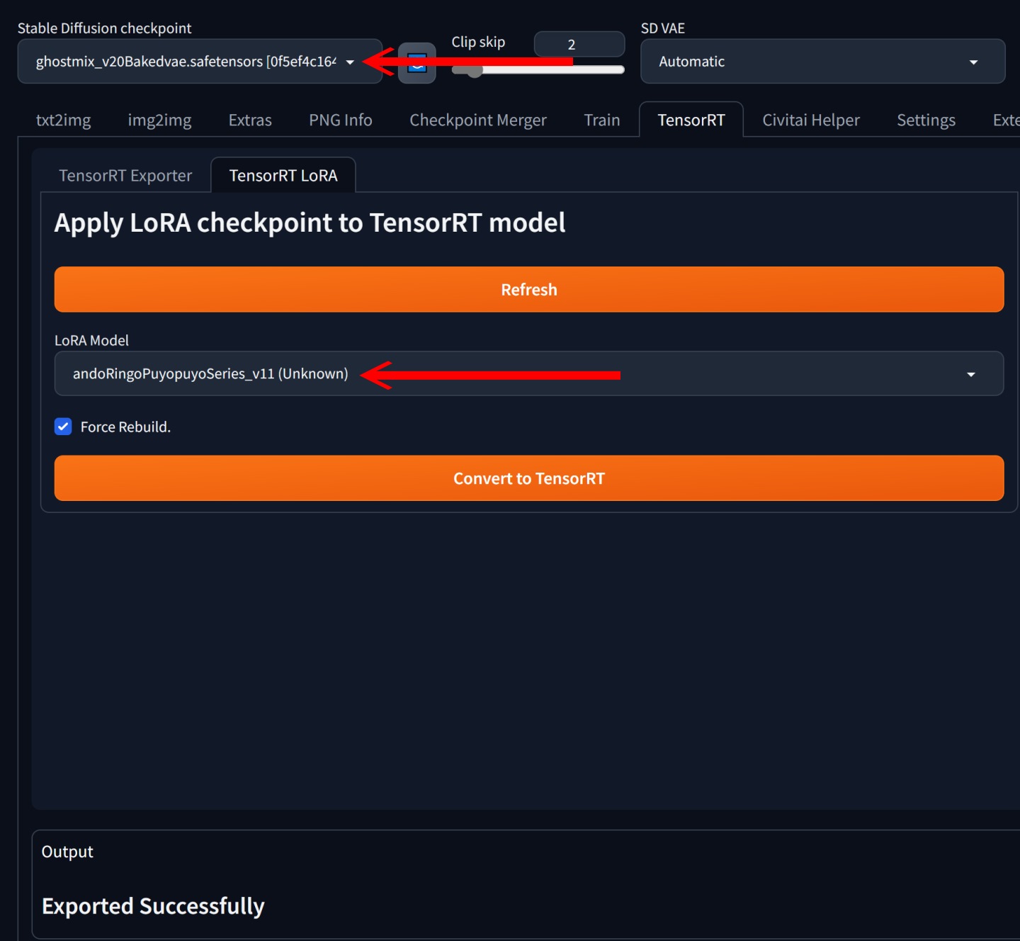 LoRA的转换工作比较简单，进入TensorRT标签下的TensorRT LoRA标签，一样需要在Stable Diffusion Checkpoint选择要转换的模型，并在LoRA Model下拉式菜单选择搭配的LoRA，之后点击Convert to TensorRT按钮。