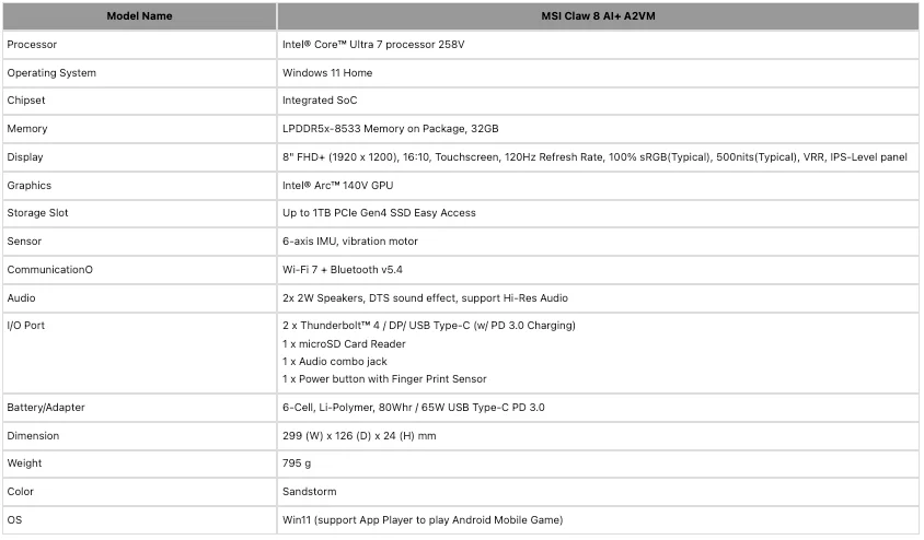 MSI Claw 8 AI+ 手提游戏机发布，首配 Ultra 7 258V 及 32GB RAM