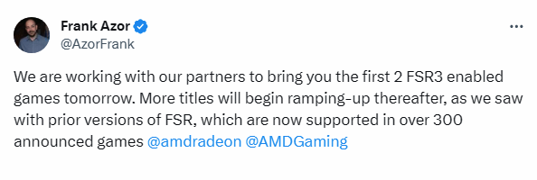 消息指AMD的FSR 3是今日内推出 两款游戏抢先支持