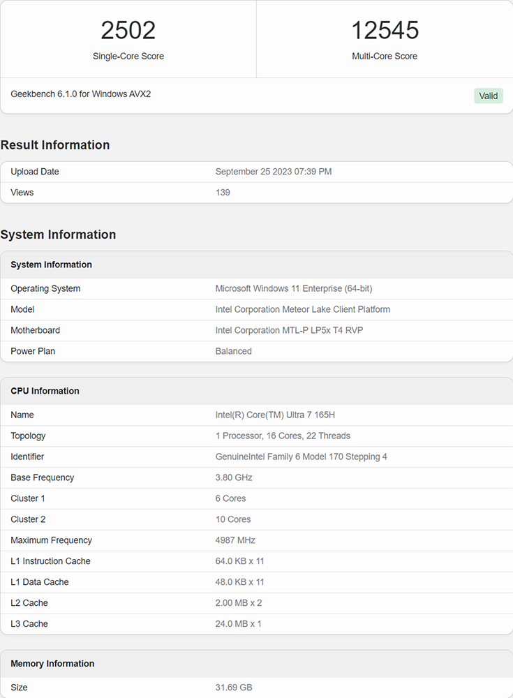 Meteor Lake 架构Intel Core 7 165H处理器首次现身Geekbench跑分数据库，分数跟i9-13900H 差不多 - 榜哥