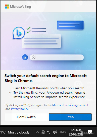 Microsoft 推销新招！推送 Windows 广告，让 Chrome 用户将 Bing 设置为默认搜索引擎