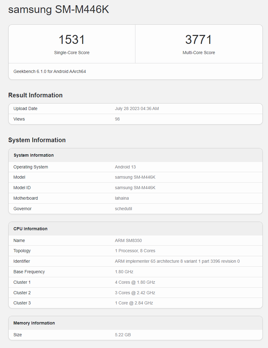 Samsung Galaxy M44 5G 现身跑分库，配 Snapdragon 888 处理器