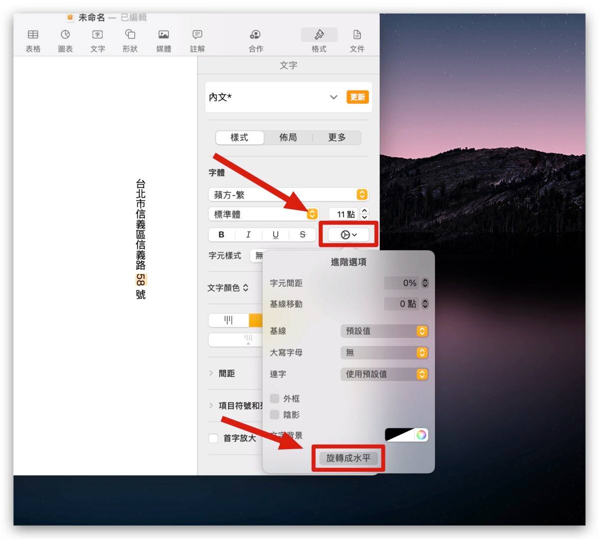 Pages 文字 直式 数字 横式 水平 旋转文字