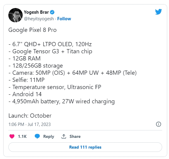 百度Pixel 8 Pro 重点规格流出，预计于10月发表
