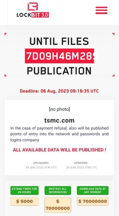 骇客LockBit勒索攻击「TSMC」要求7000万美元，台积电回应：黑客搞错对象了