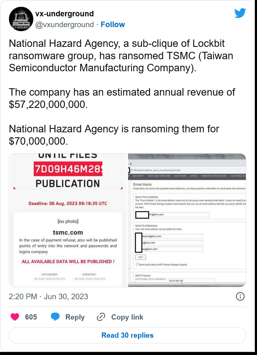 骇客LockBit勒索攻击「TSMC」要求7000万美元，台积电回应：黑客搞错对象了