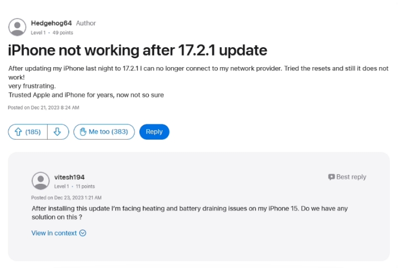 iOS 17.2.1又有新问题：iPhone 15用户升级后连不上电信商讯号，不能打电话也不能上网