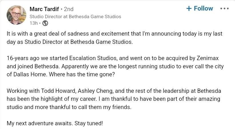 Bethesda总监Marc Tardif宣布离职