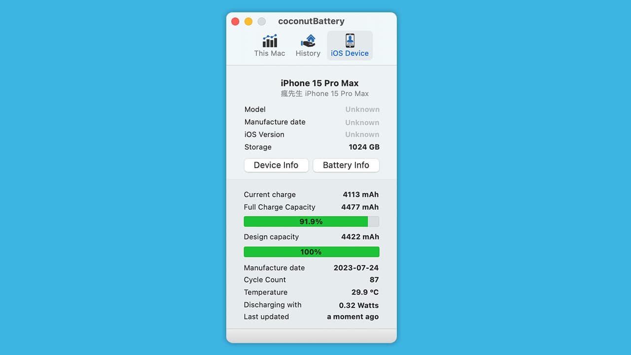 coconutBattery iphone 15 pro