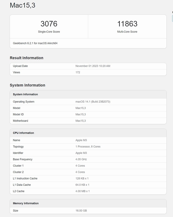 苹果M3芯片现身Geekbench 6跑分：性能核主频4.05GHz、单核性能优于M2 Pro