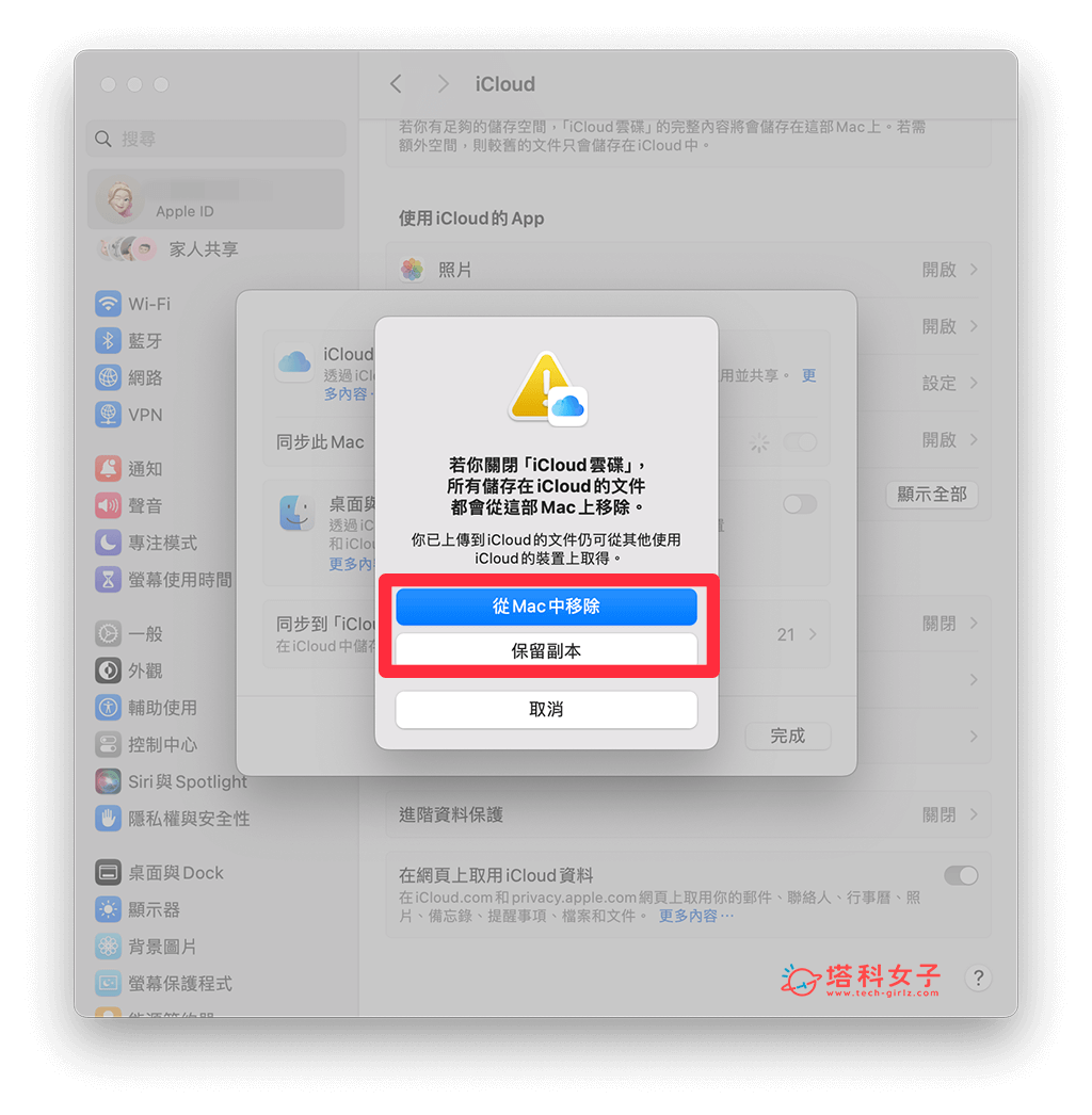 关闭 Mac 上的 iCloud 云盘功能：选择移除或保留副本