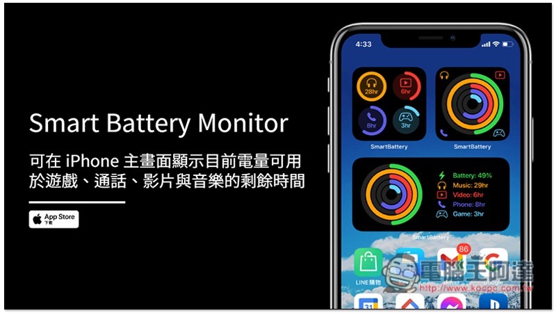 Smart Battery Monito‪r 可在 iPhone 主画面显示目前电量可用于游戏、通话、视频与音乐的剩余时间 第2张