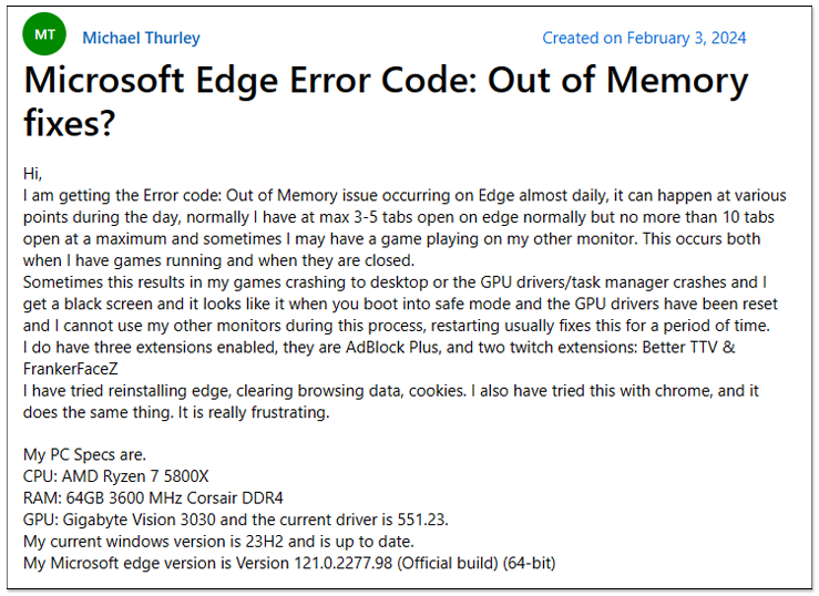 微软确认 Microsoft Edge 有「内存不足而无法载入网页」的错误，已经推出修复版本 - 摩榜